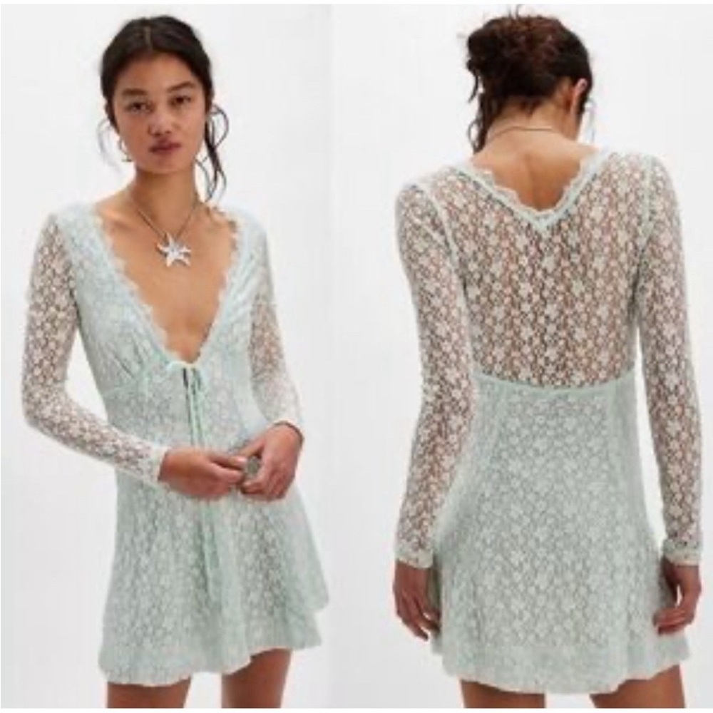 NEW Free People Petra Lace Long Sleeve Mini Dress Billowing Sail Mint